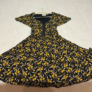 Maeve by Anthropologie Black and Yellow Floral Swing Dress in SMALL